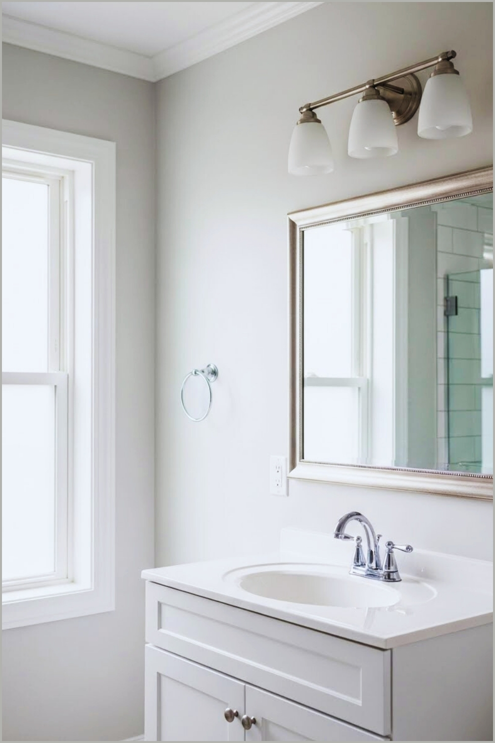 Bright Minimalist Bathroom With White Vanity