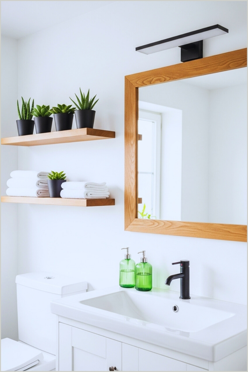 Bright Minimalist Bathroom With White Walls Wooden Framed Mirror