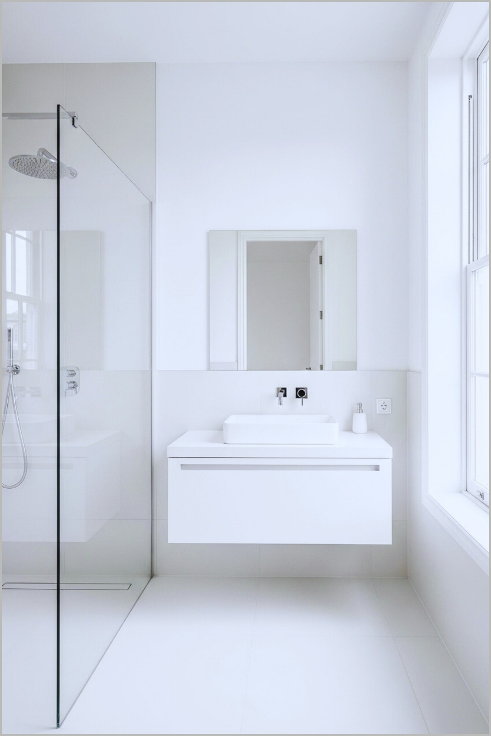 Bright Minimalist Full-white Bathroom, Glass Shower Enclosure