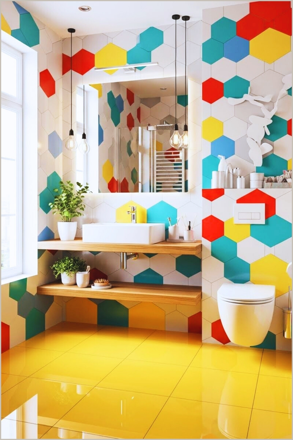 Bright Modern Bathroom With Bold Multicolor Geometric