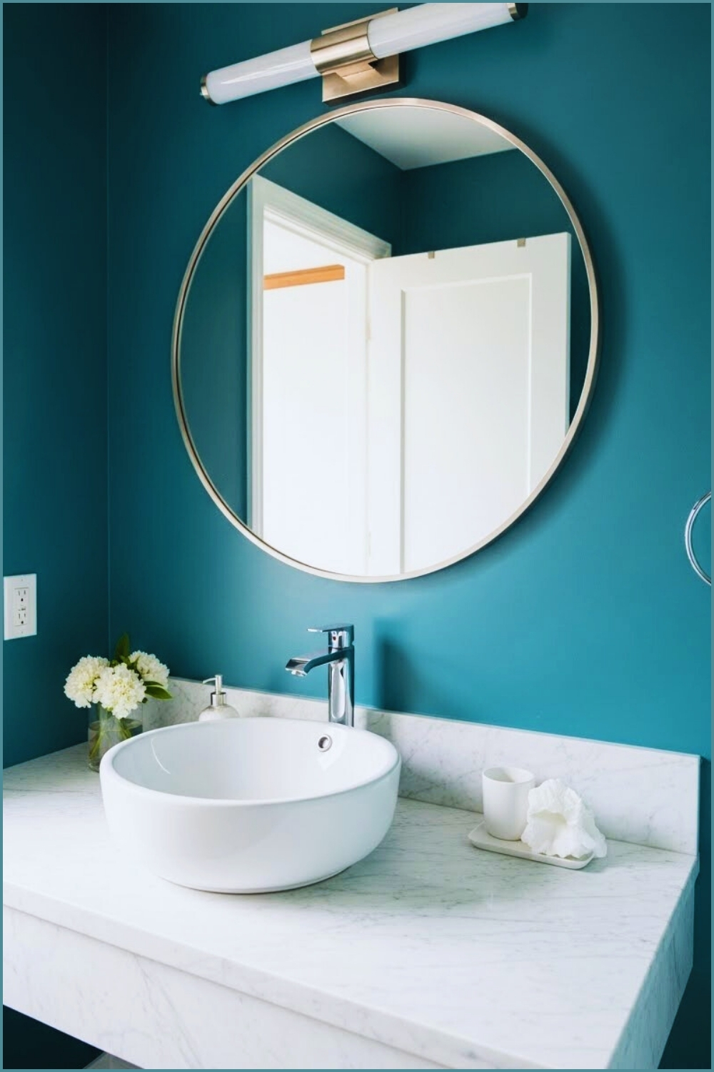 Bright Modern Bathroom With Bold Teal Walls White Marble Countertop