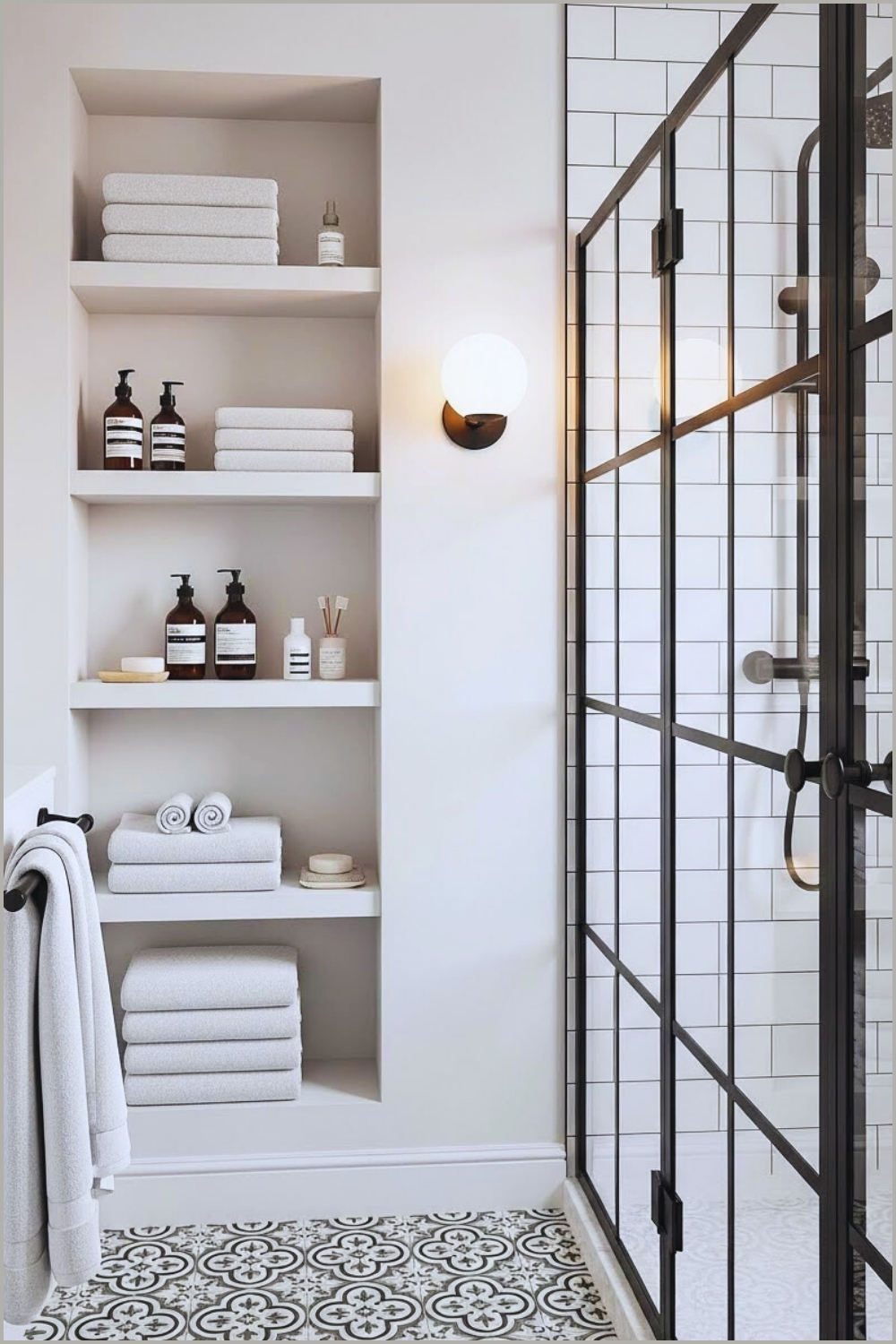 Bright Modern Bathroom With Built In Wall Shelves