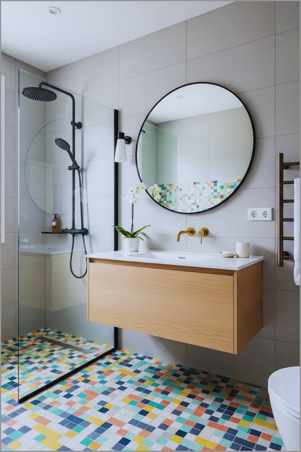 Bright Modern Bathroom With Colorful Mosaic Tiles On Floor