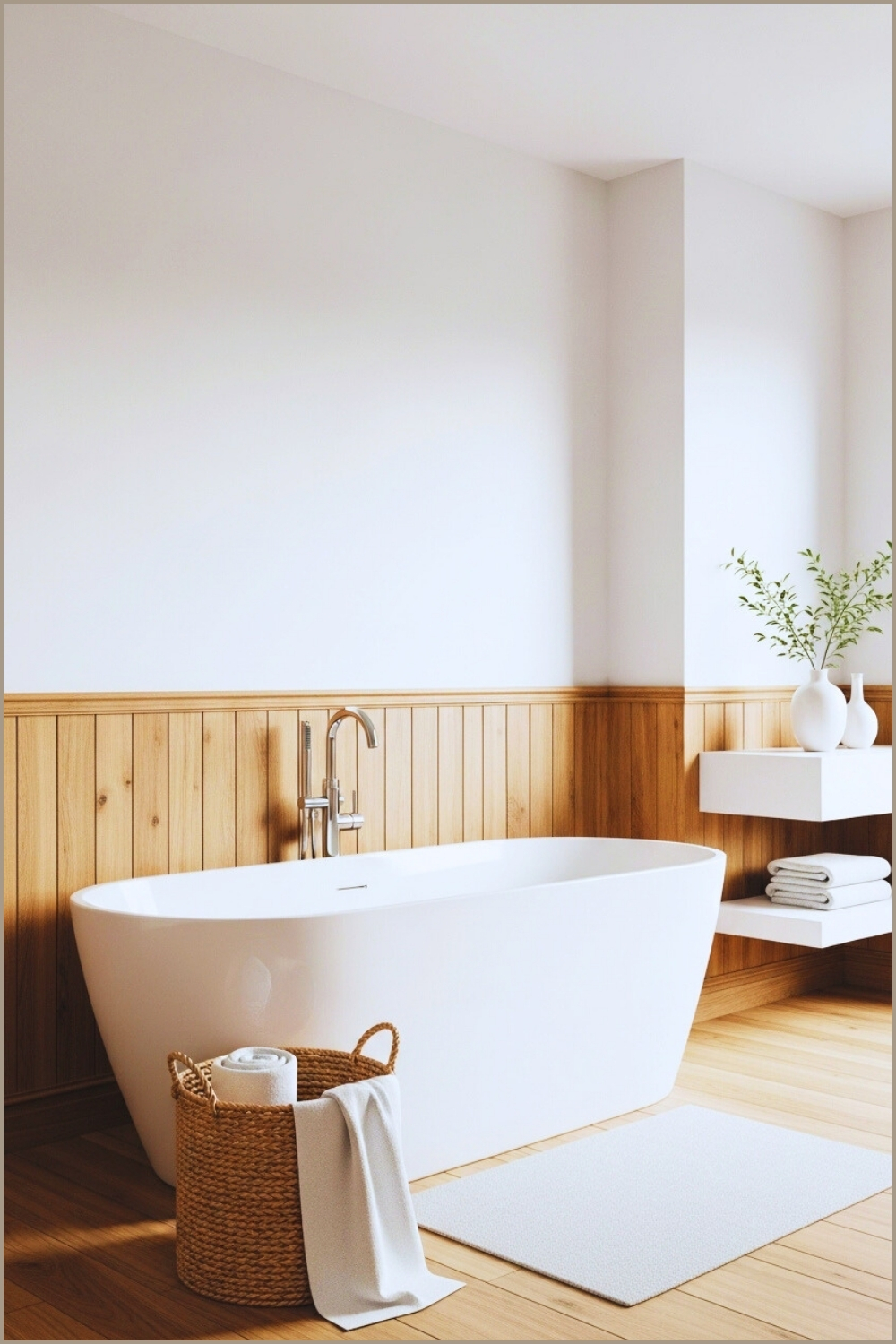 Bright Modern Bathroom With Warm Natural Wood Panel Wainscoting