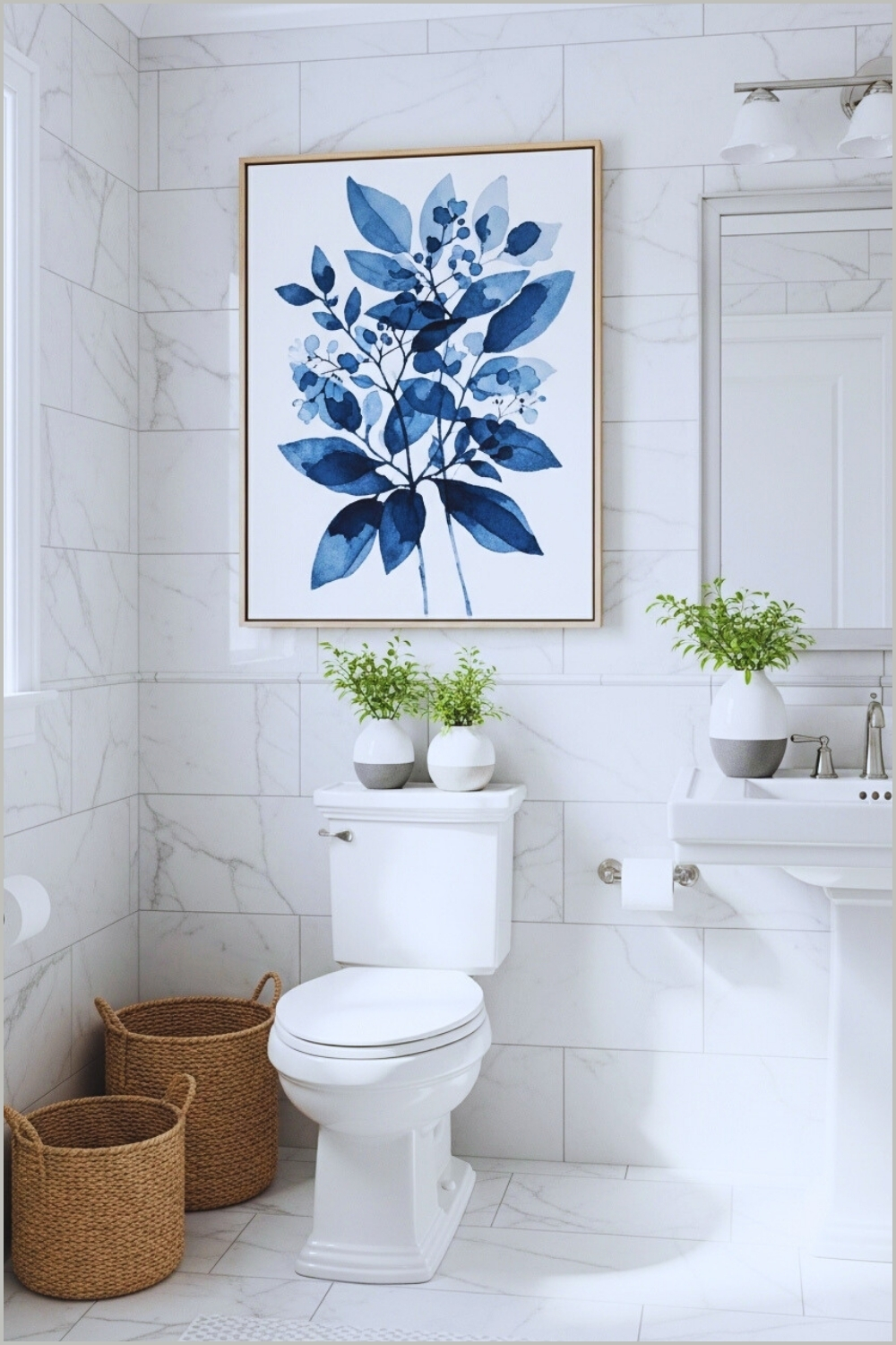 Bright Modern Bathroom With White Marble Tile Walls