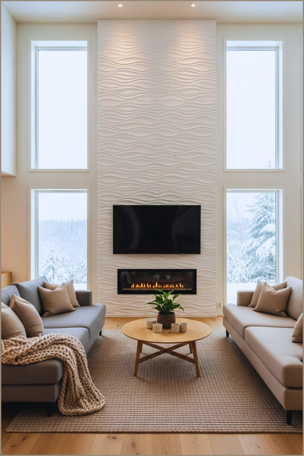 Bright Modern Living Room With Textured 3d Wave-pattern White Fireplace