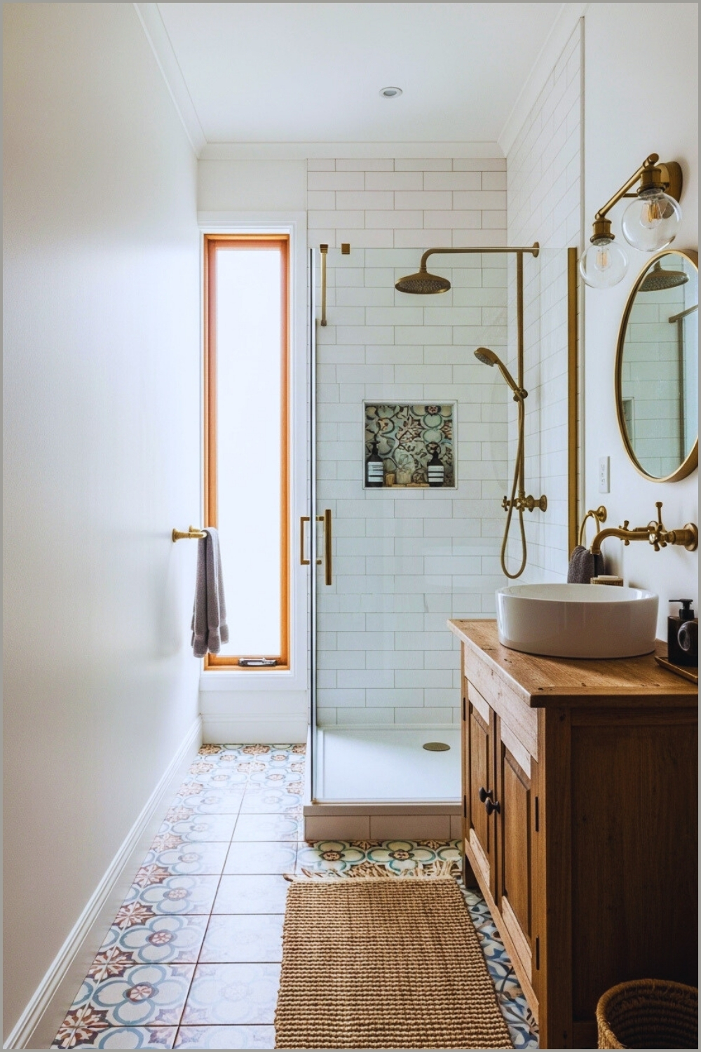 Bright Narrow Farmhouse Bathroom, Subway Tile Shower With Brass Fixtures
