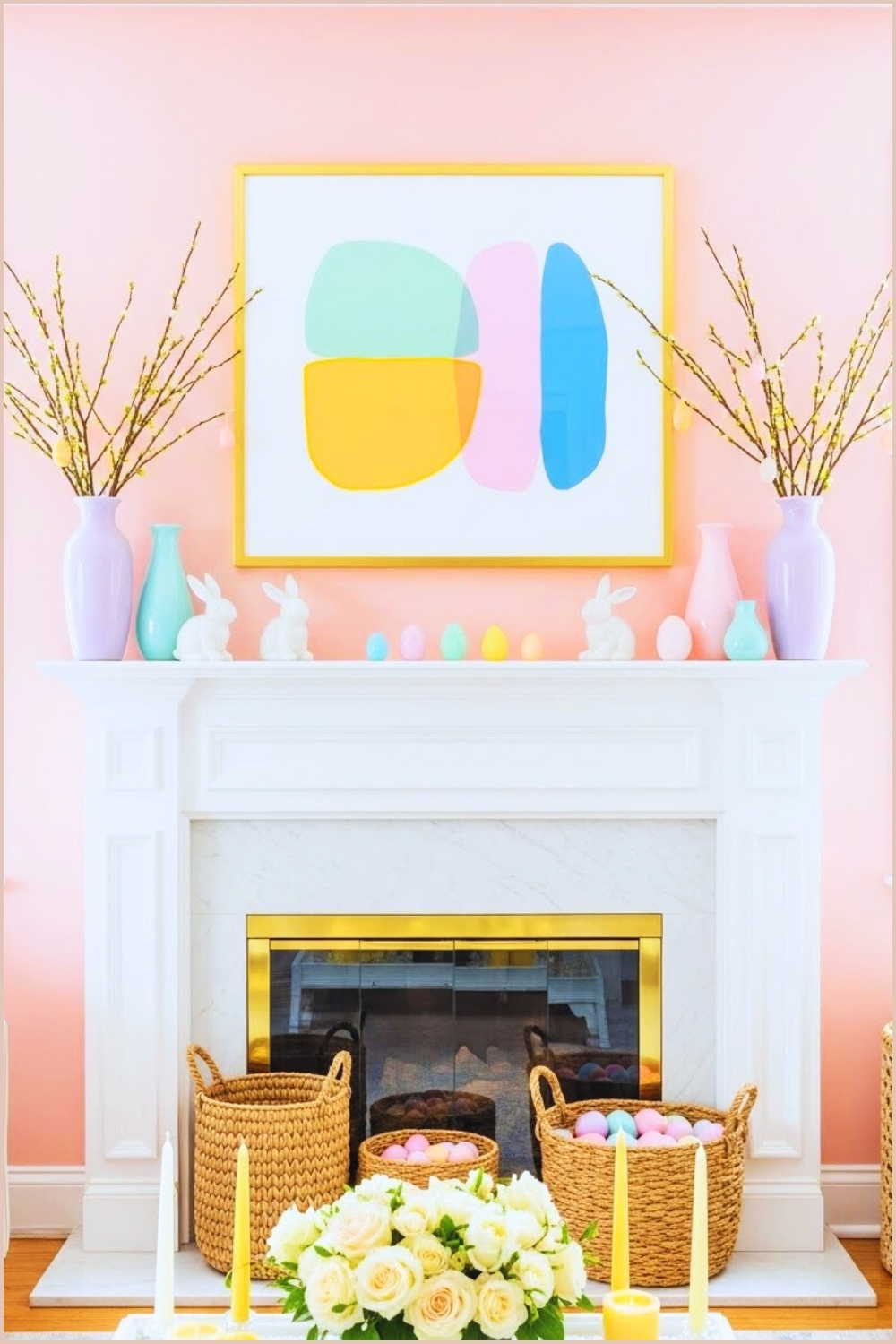 Bright Pastel Easter Mantel With Pink Accent Wall