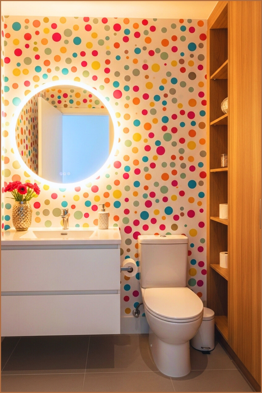Bright Playful Bathroom With Colorful Multicolored Dot Pattern