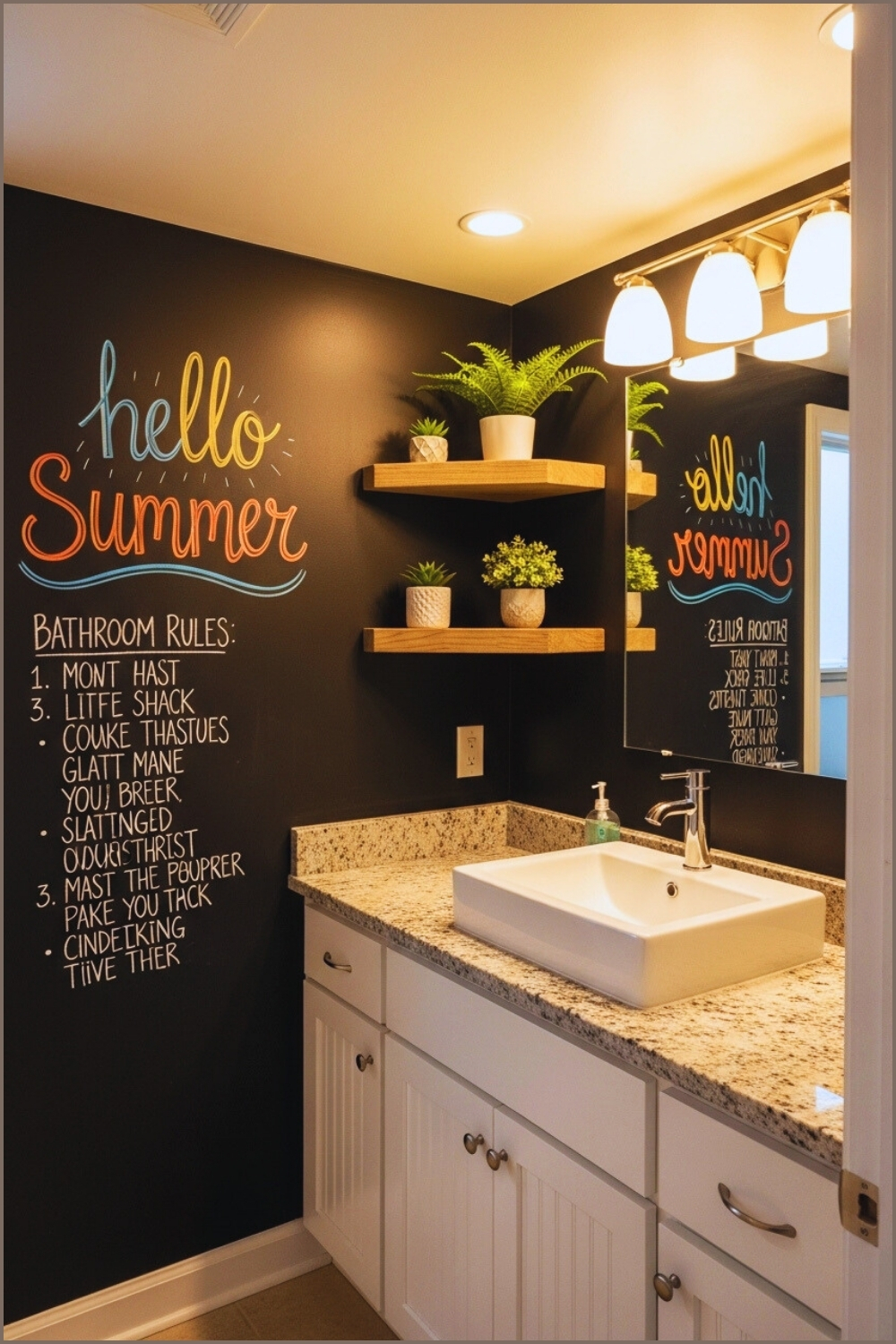 Bright Small Bathroom With A Full Black Chalkboard Accent