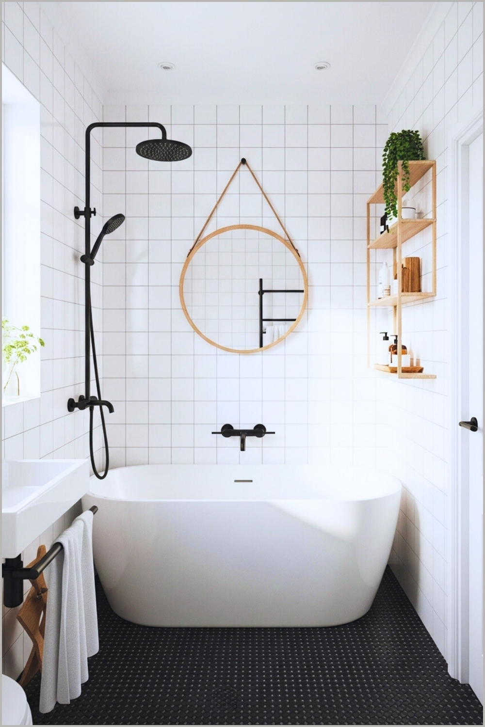 Bright Small Bathroom With White Subway Tiles, Matte Black Fixtures