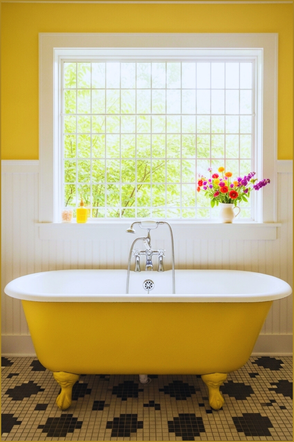 Bright Vintage Bathroom With A Vibrant Yellow Clawfoot Bathtub