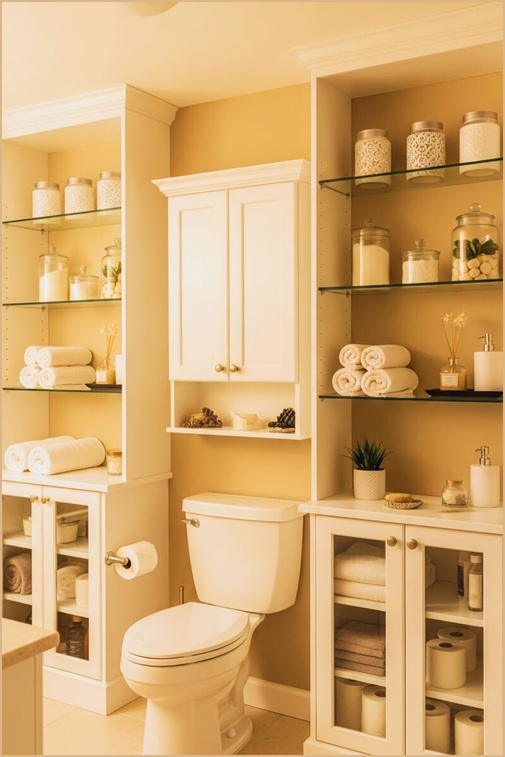 Bright White Bathroom Filled With Storage Cabinets