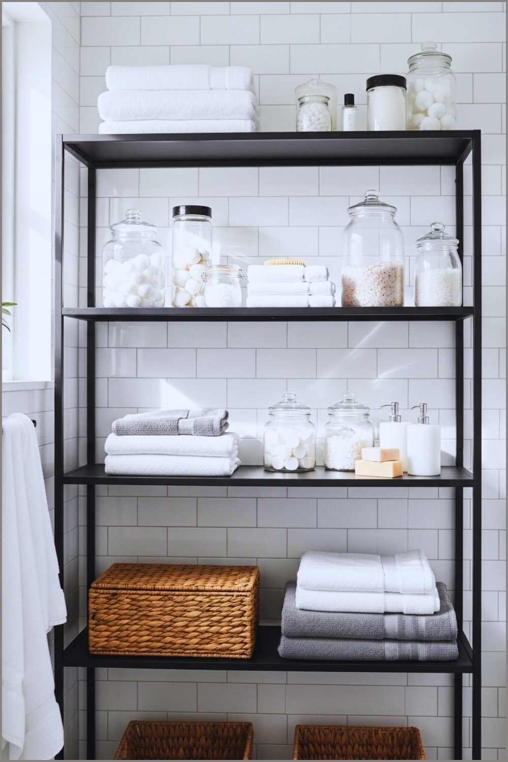 Bright White Bathroom With Black Metal Open Shelving