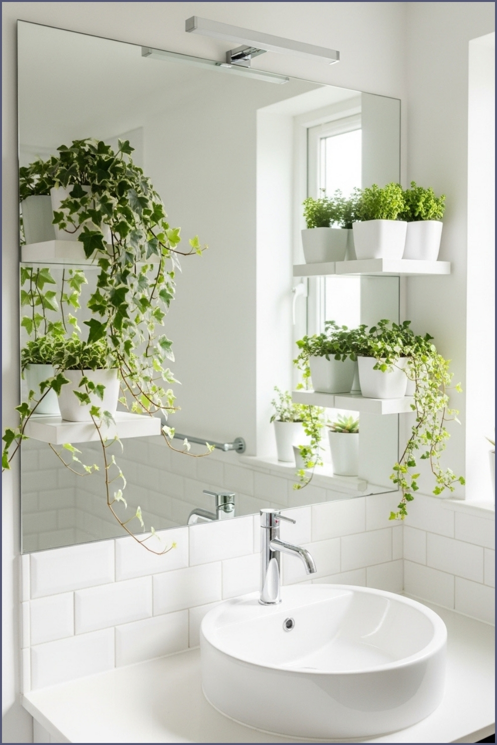 Bright White Bathroom With Large Mirror Surrounded By Small Floating Shelves