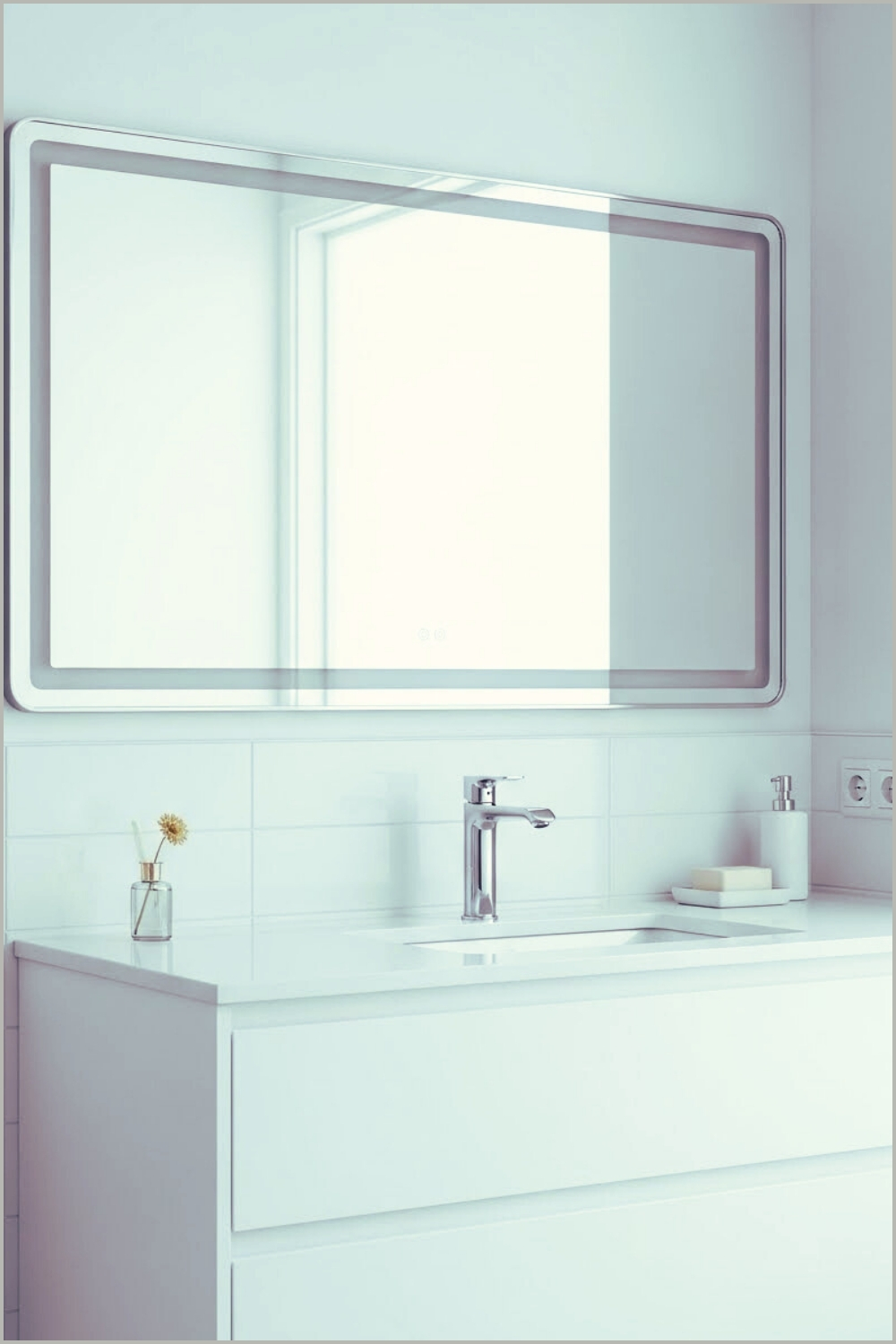 Bright White Bathroom With White Vanity, Silver Framed Mirror