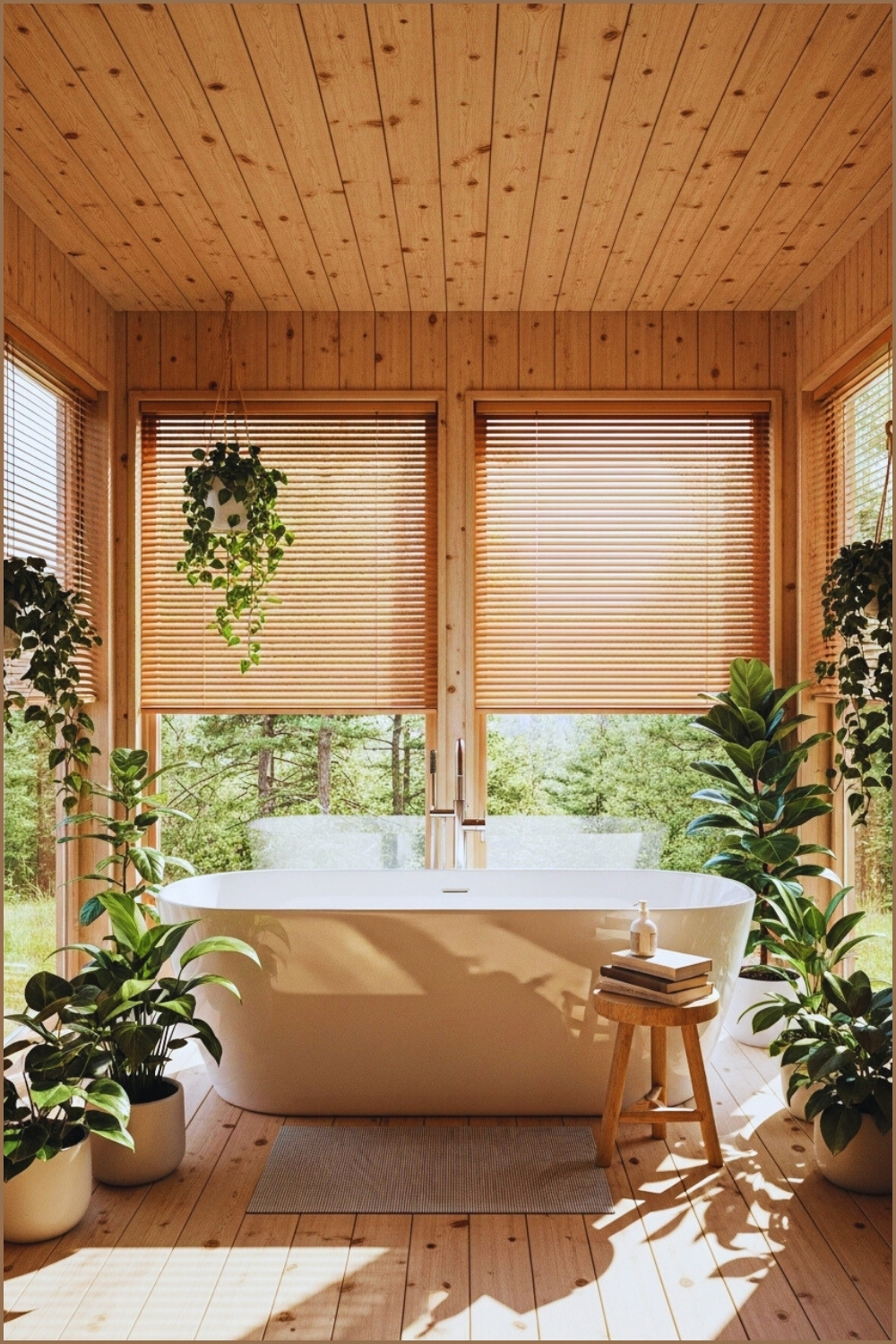 Bright Wooden Bathroom With Panoramic Windows, Natural Forest