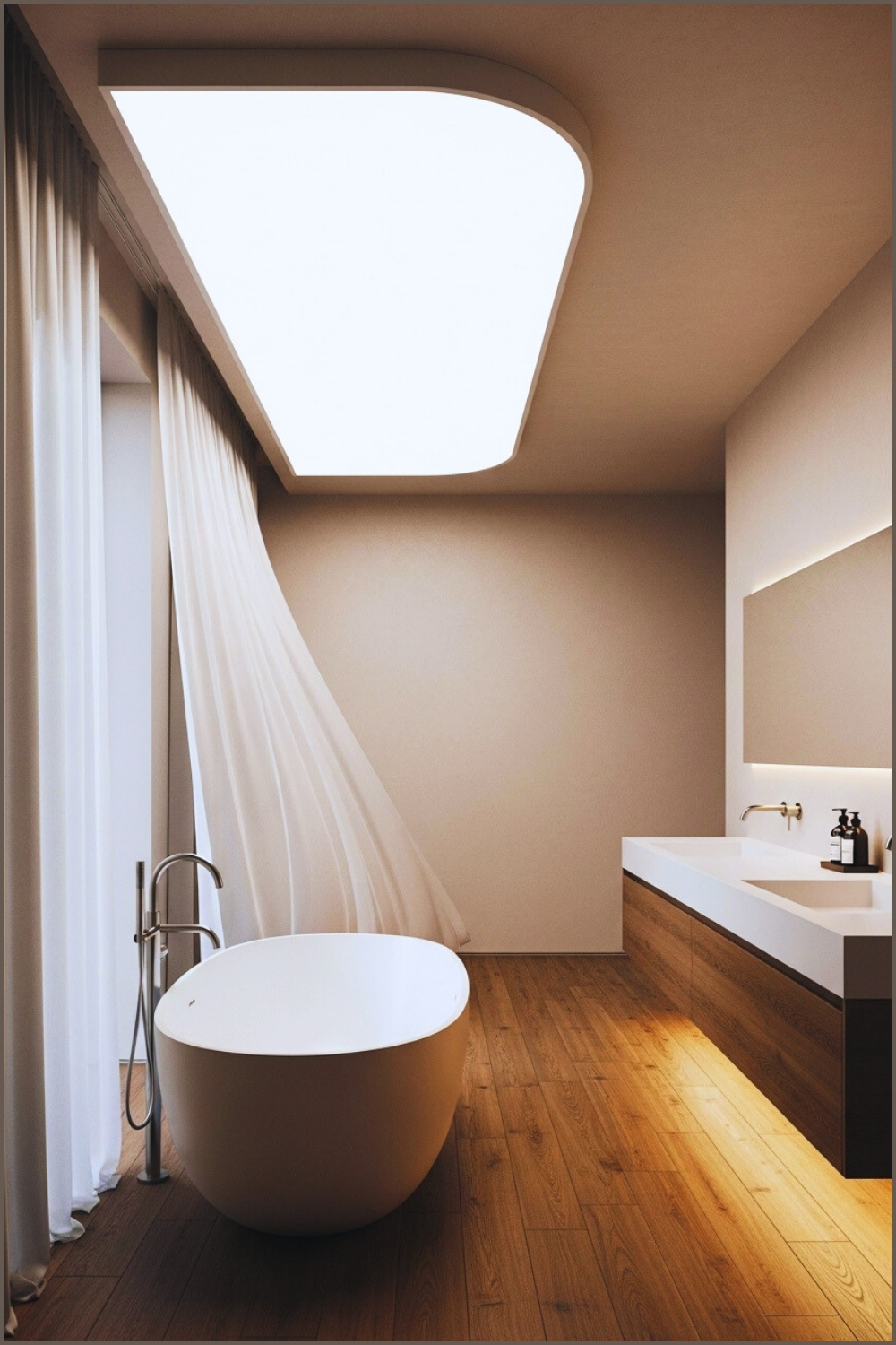 Calm Minimalist Bathroom, Curved Led Ceiling Panel With Soft Glow