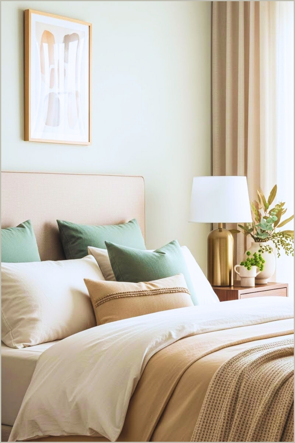 Calm Modern Bedroom Vignette Upholstered Beige Headboard