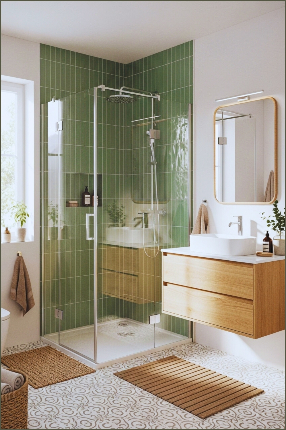 Calming Bathroom With Soft Green Vertical Shower Tiles