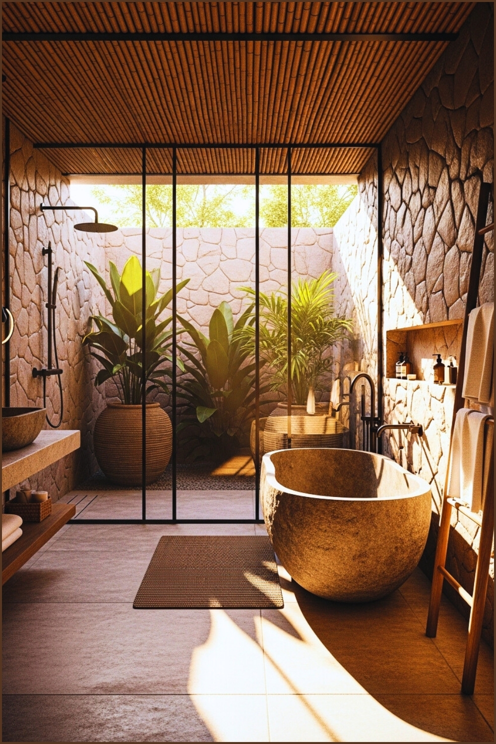 Calming Earthy Spa Bathroom With Natural Stone Walls