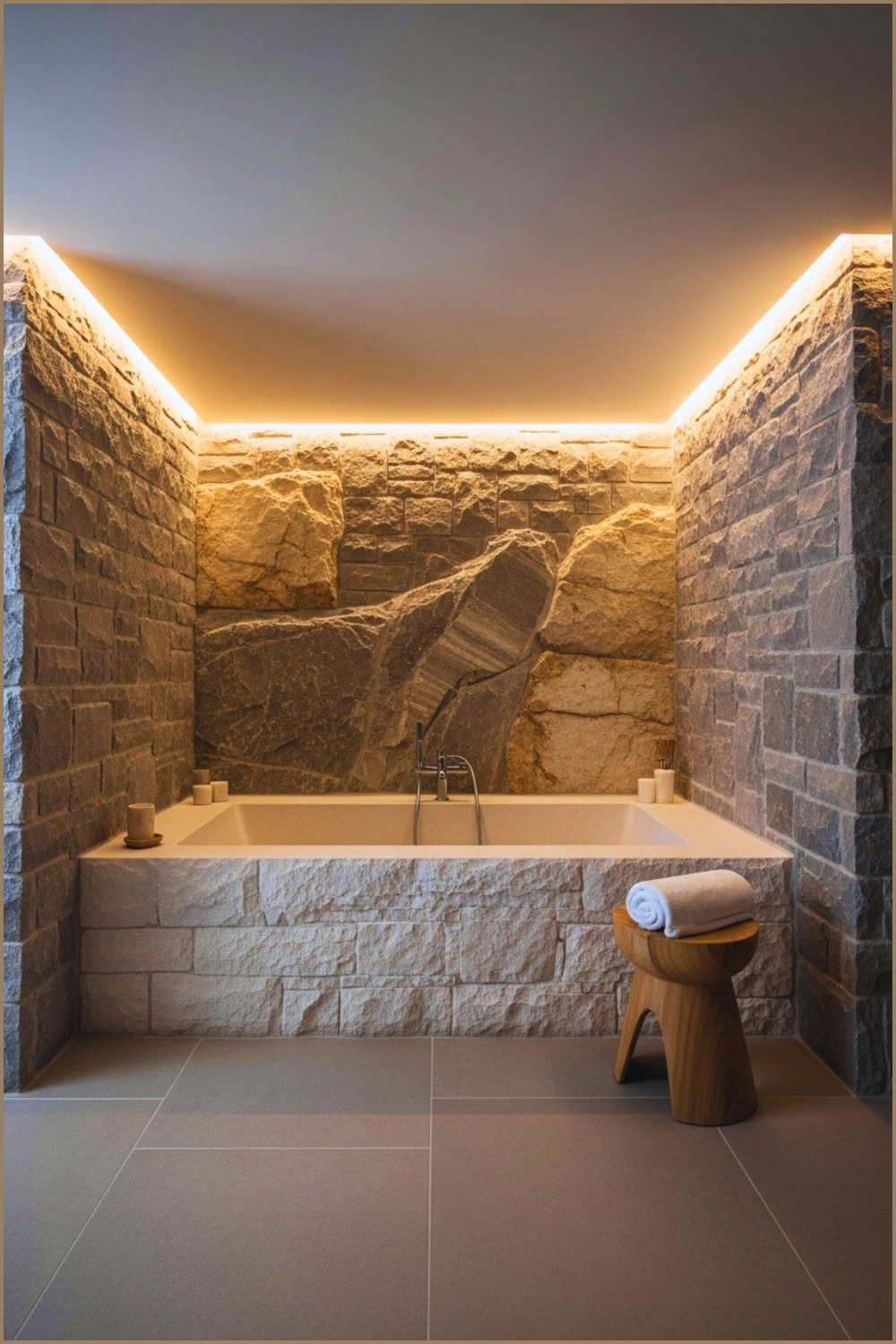 Cave-inspired Luxury Spa Bathroom, Rough-cut Stone Freestanding