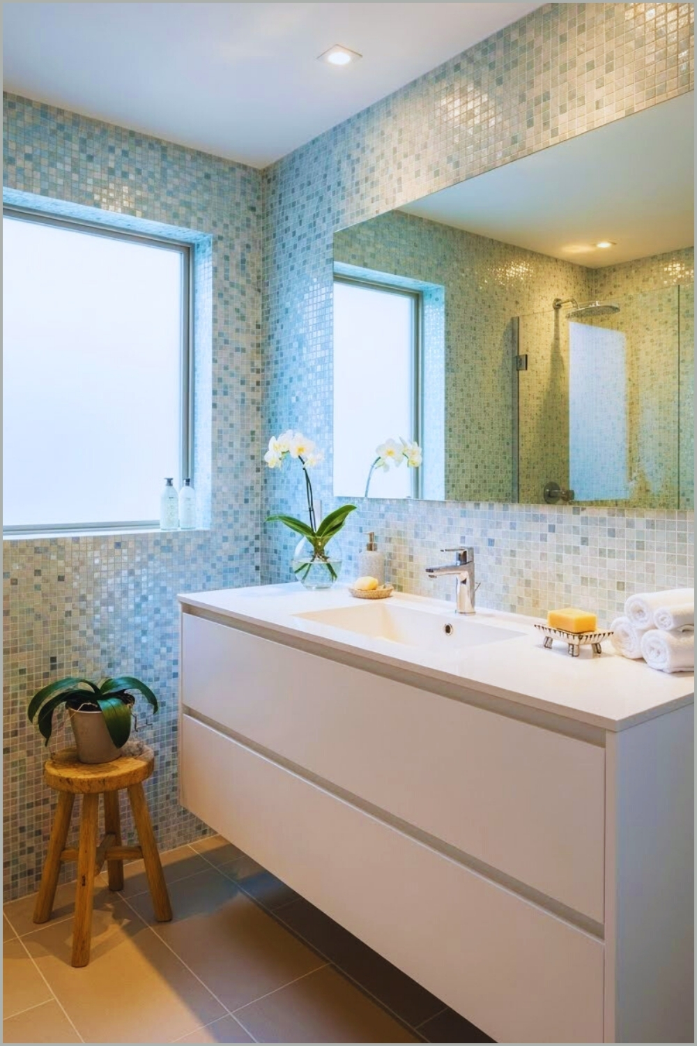 Charming Bathroom Uses Soft Mosaic Tiles