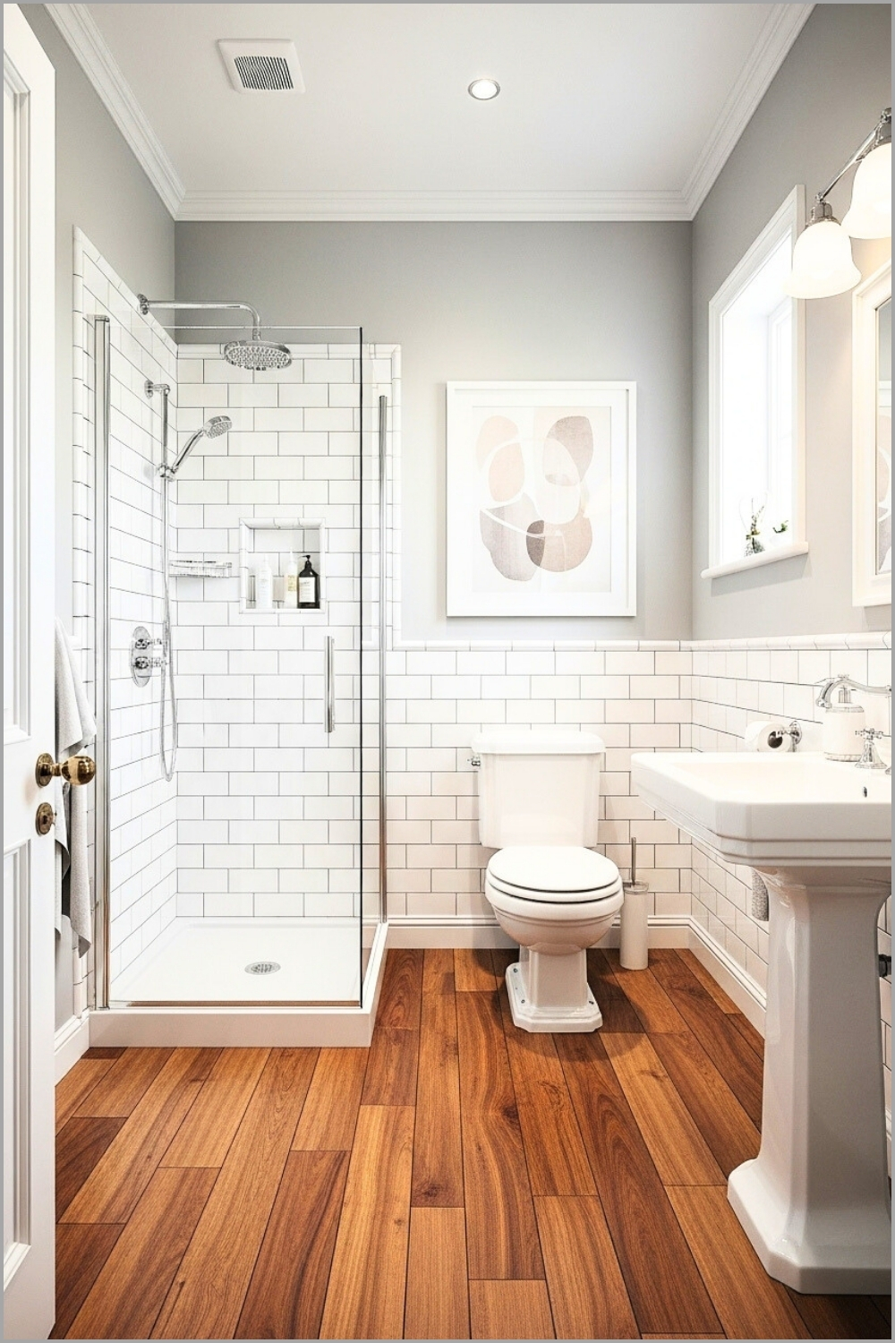 Charming Grey Bathroom With Subway Tile Walls