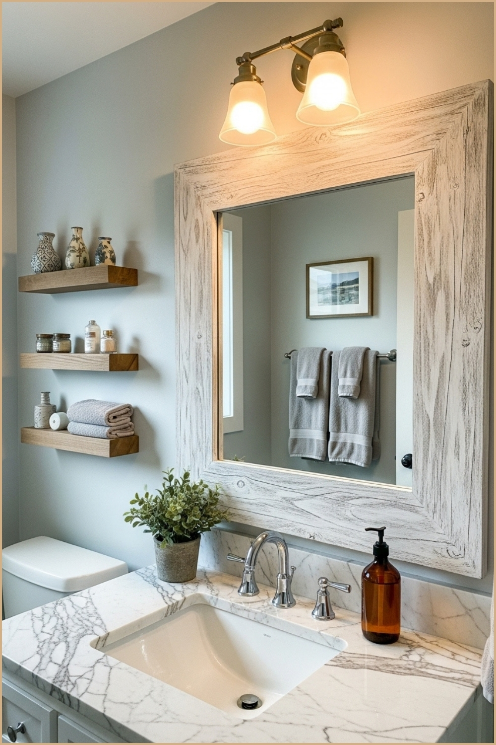 Charming Rustic Bathroom With Whitewashed Wood Mirror
