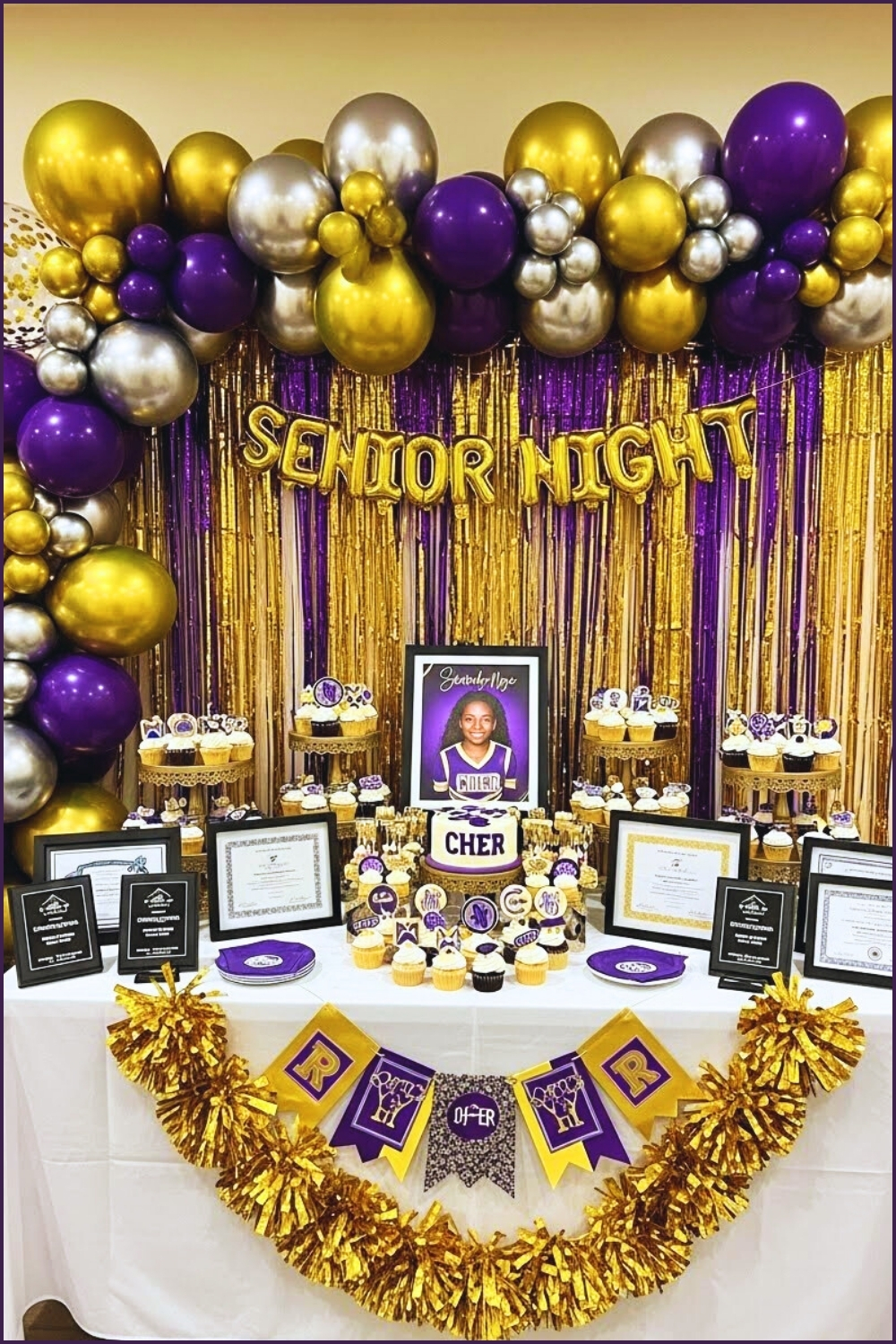 Cheer Senior Night Celebration Table With Gold And Purple