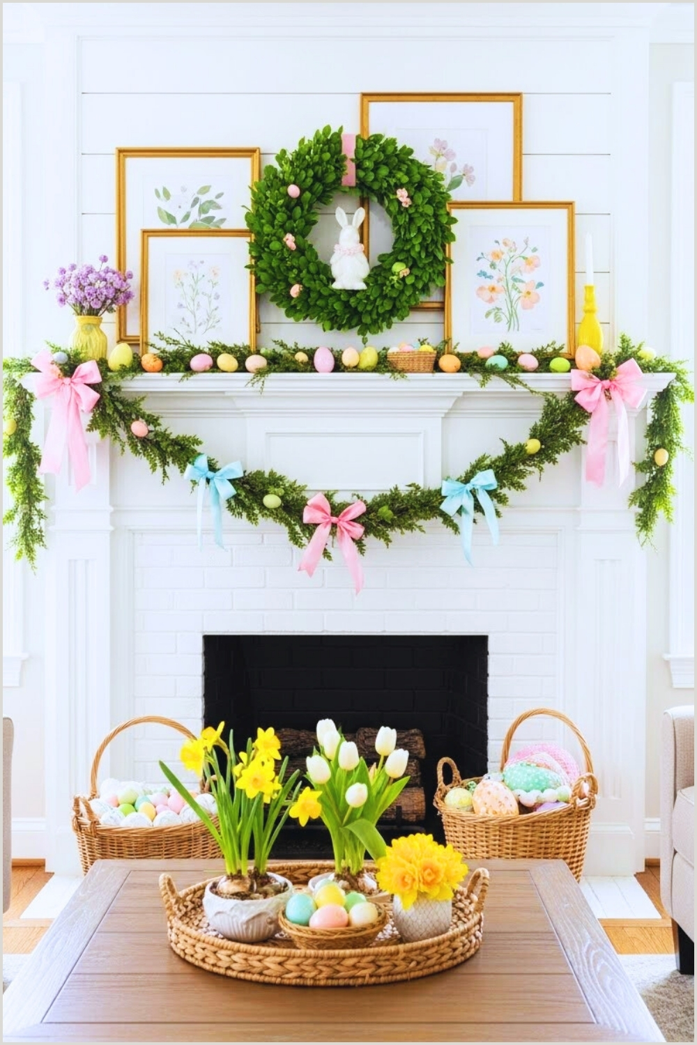 Cheerful Easter Living Room With White Fireplace