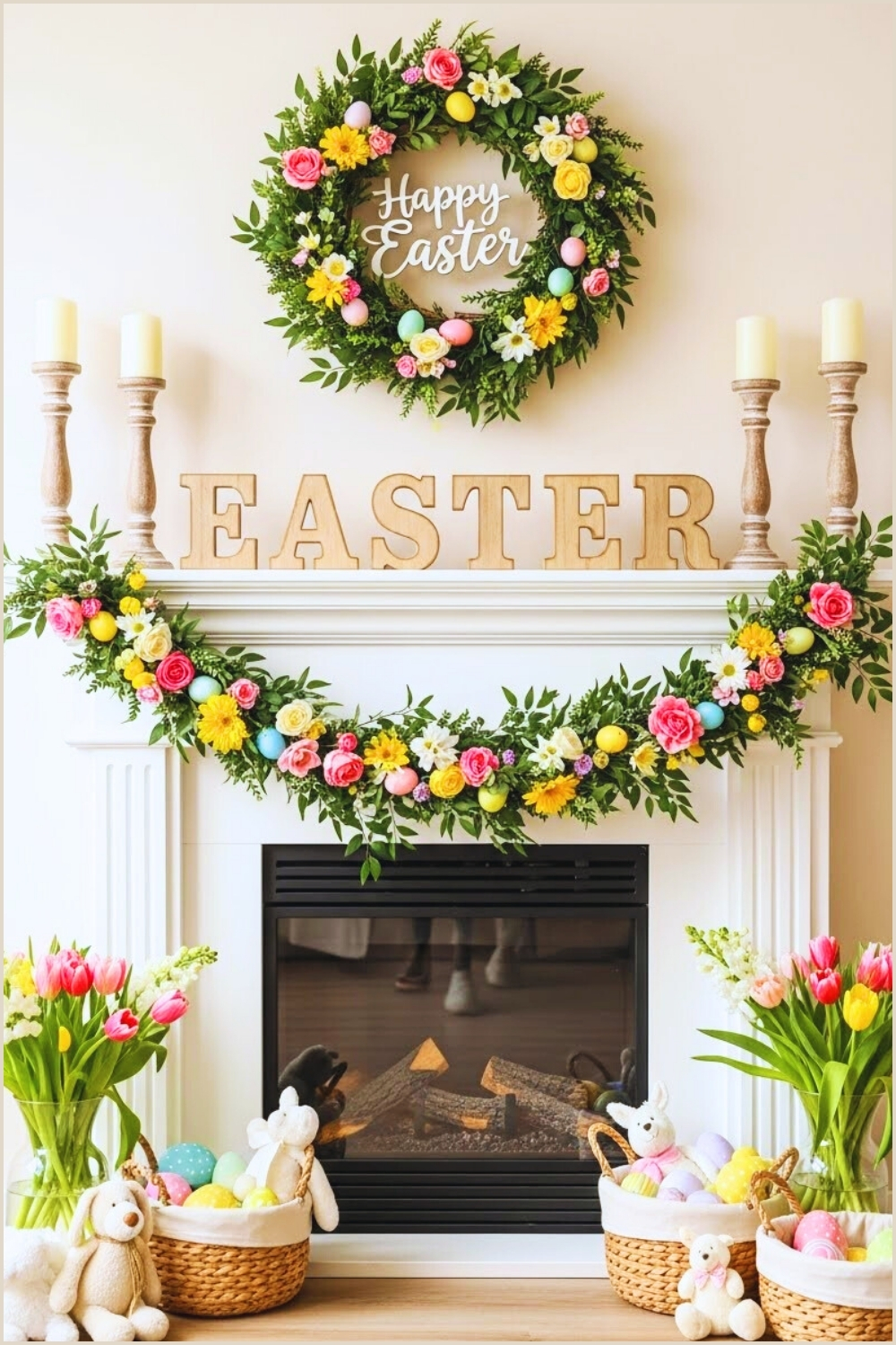Cheerful Easter Mantel Decorated With Large Wooden