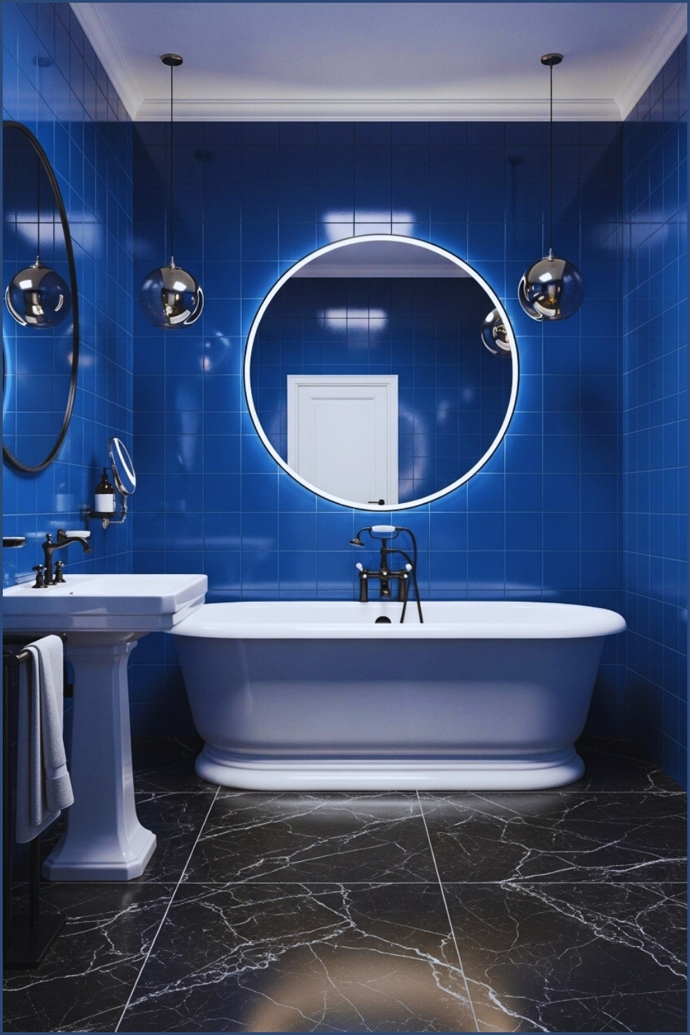 Chic Bathroom With Bold Glossy Blue Wall Tiles, White Bathtub And Pedestal Sink