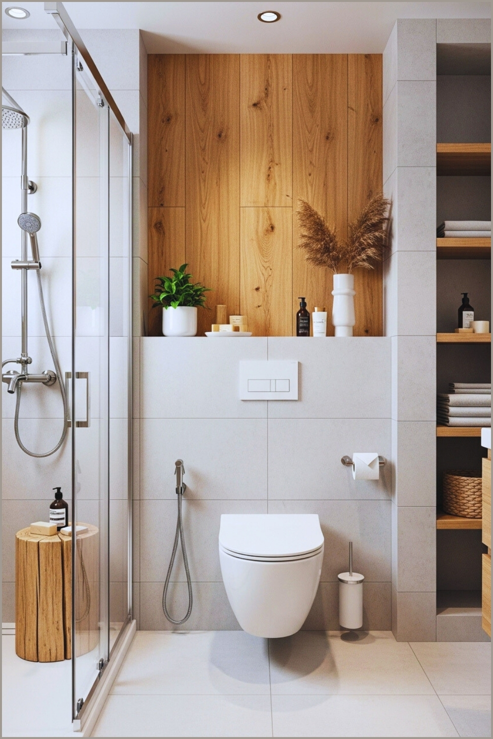 Chic Minimalist Bathroom With Warm Wood Accent Wall