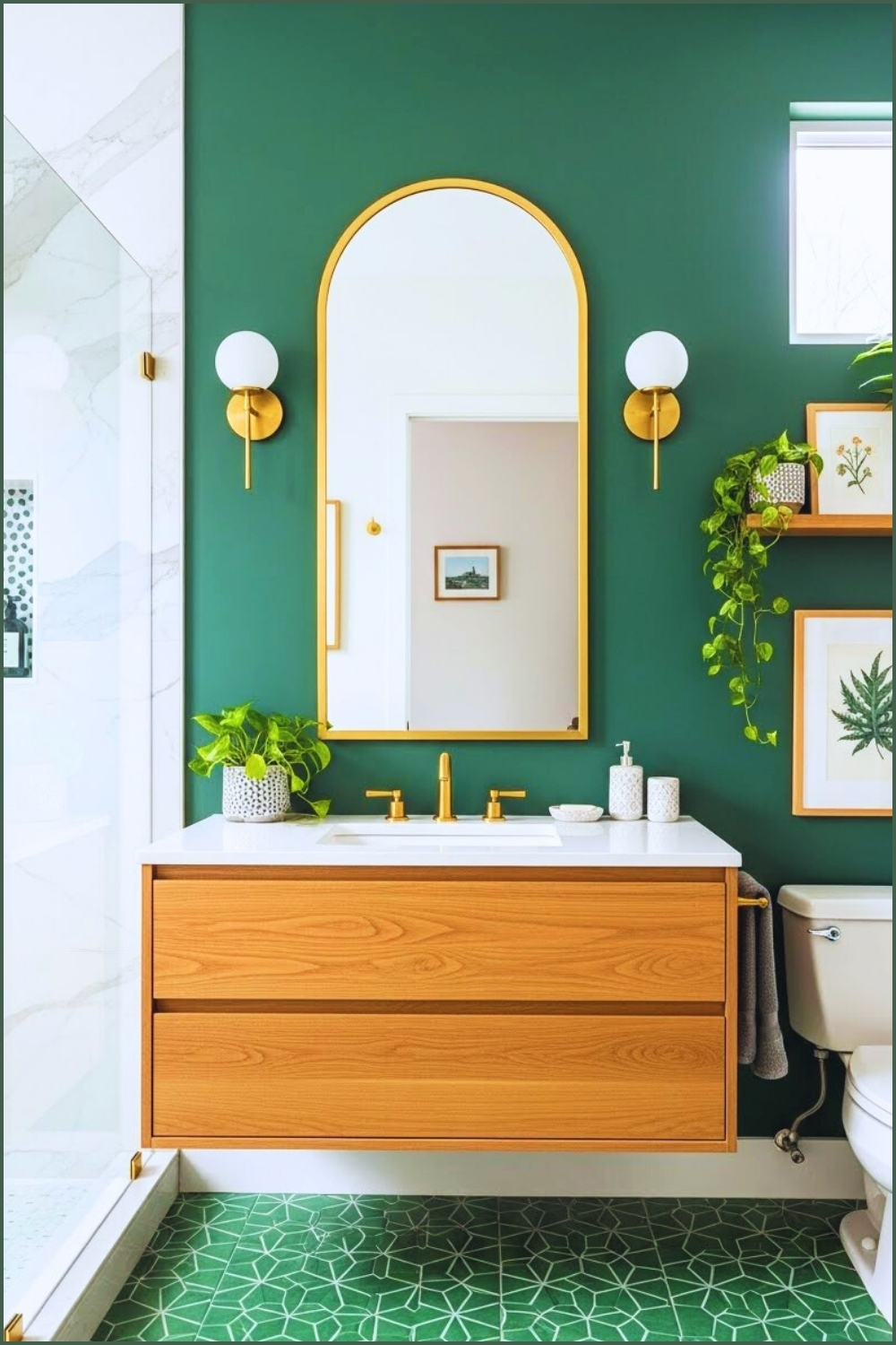 Chic Modern Bathroom With Deep Green Accent Wall