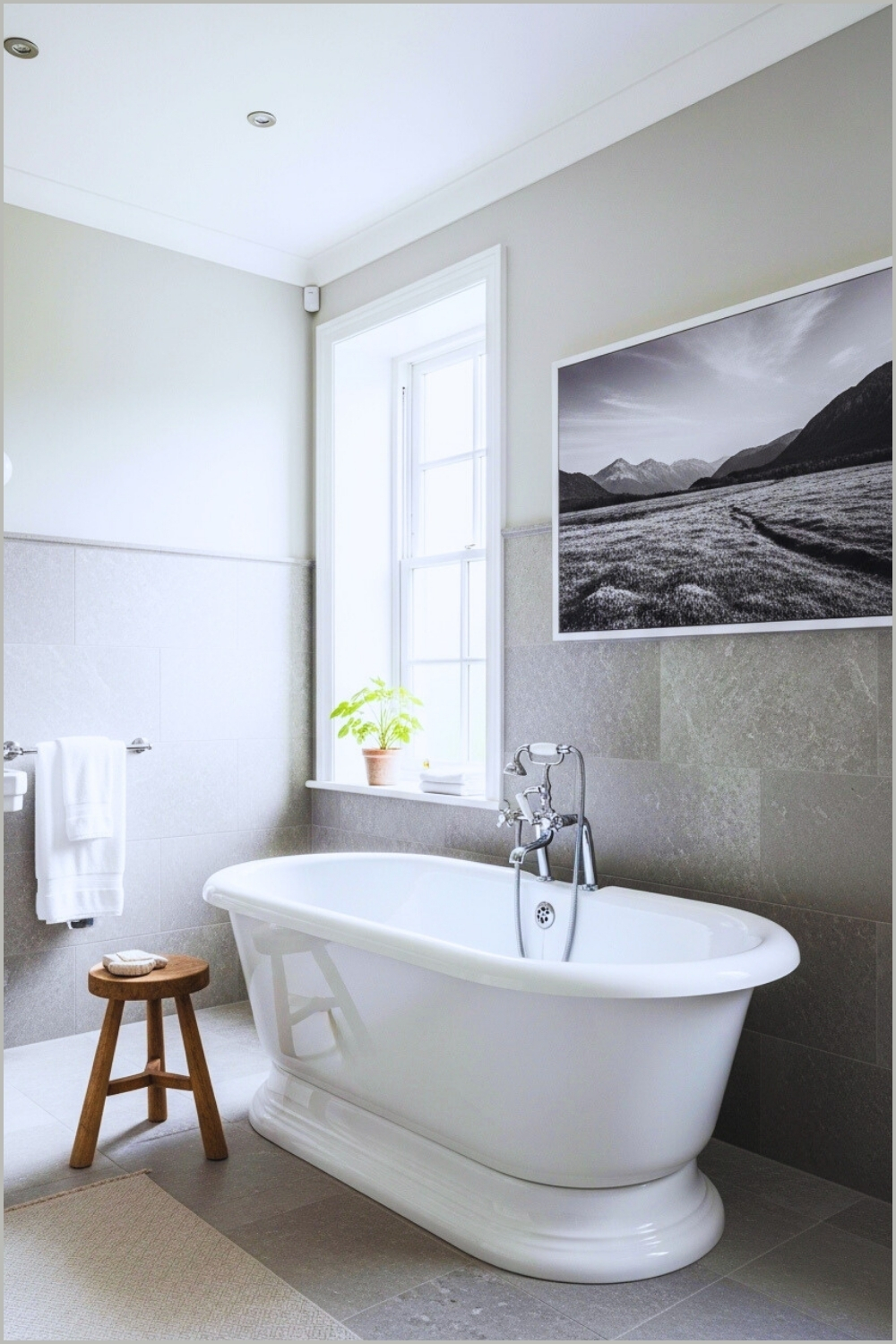 Classic Bathroom With Gray Stone White Freestanding Tub