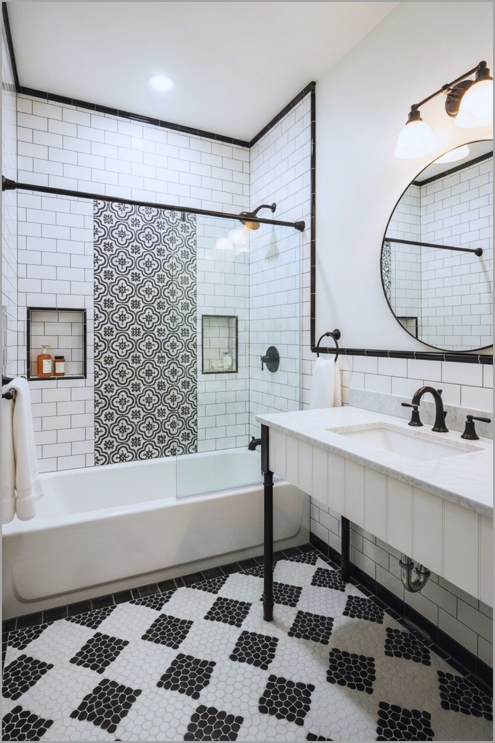 Classic Black And White Bathroom With Subway Tile Walls