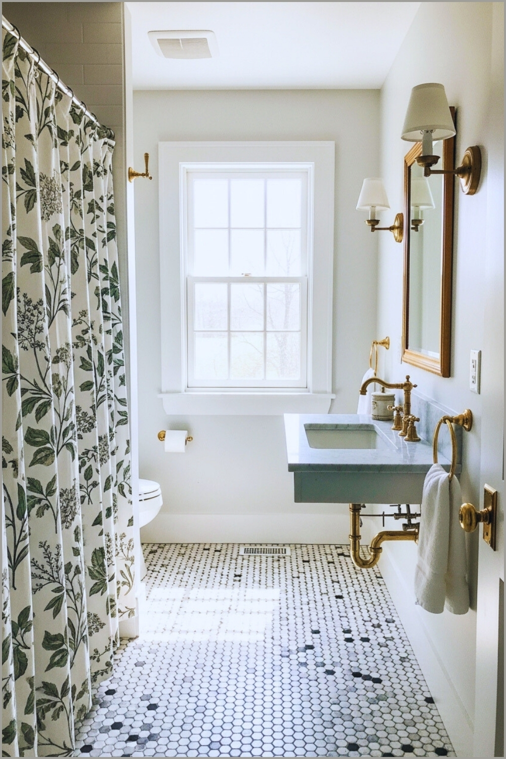Classic Bright Bathroom, Patterned Black And White Floor Tiles