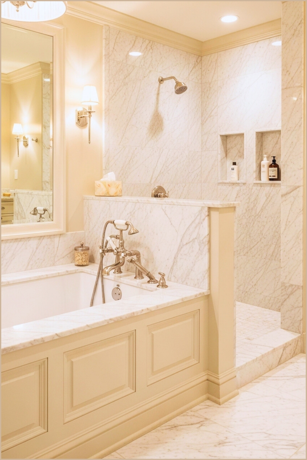 Classic Cream Marble Bathroom, Built-in Bathtub With Raised Panel Siding