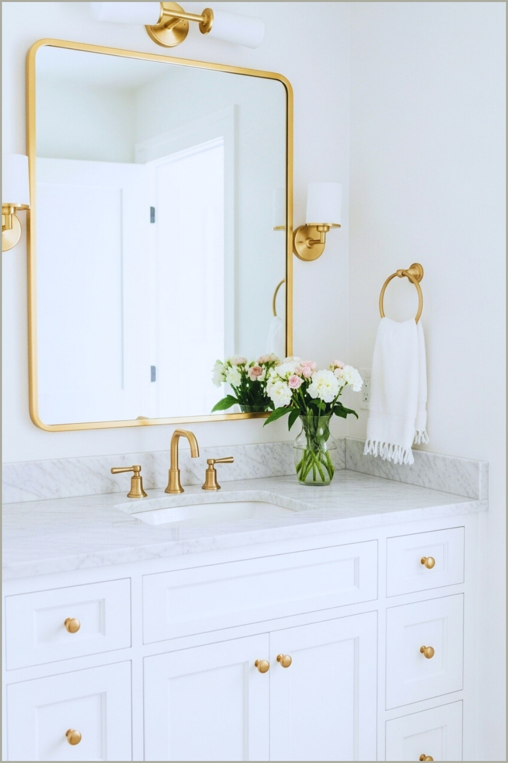 Classic Elegant Bathroom, White Shaker Vanity With Marble Countertop