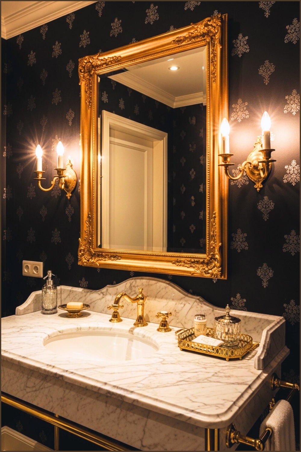 Classic Luxury Bathroom, Gold Framed Mirror With Side Sconces
