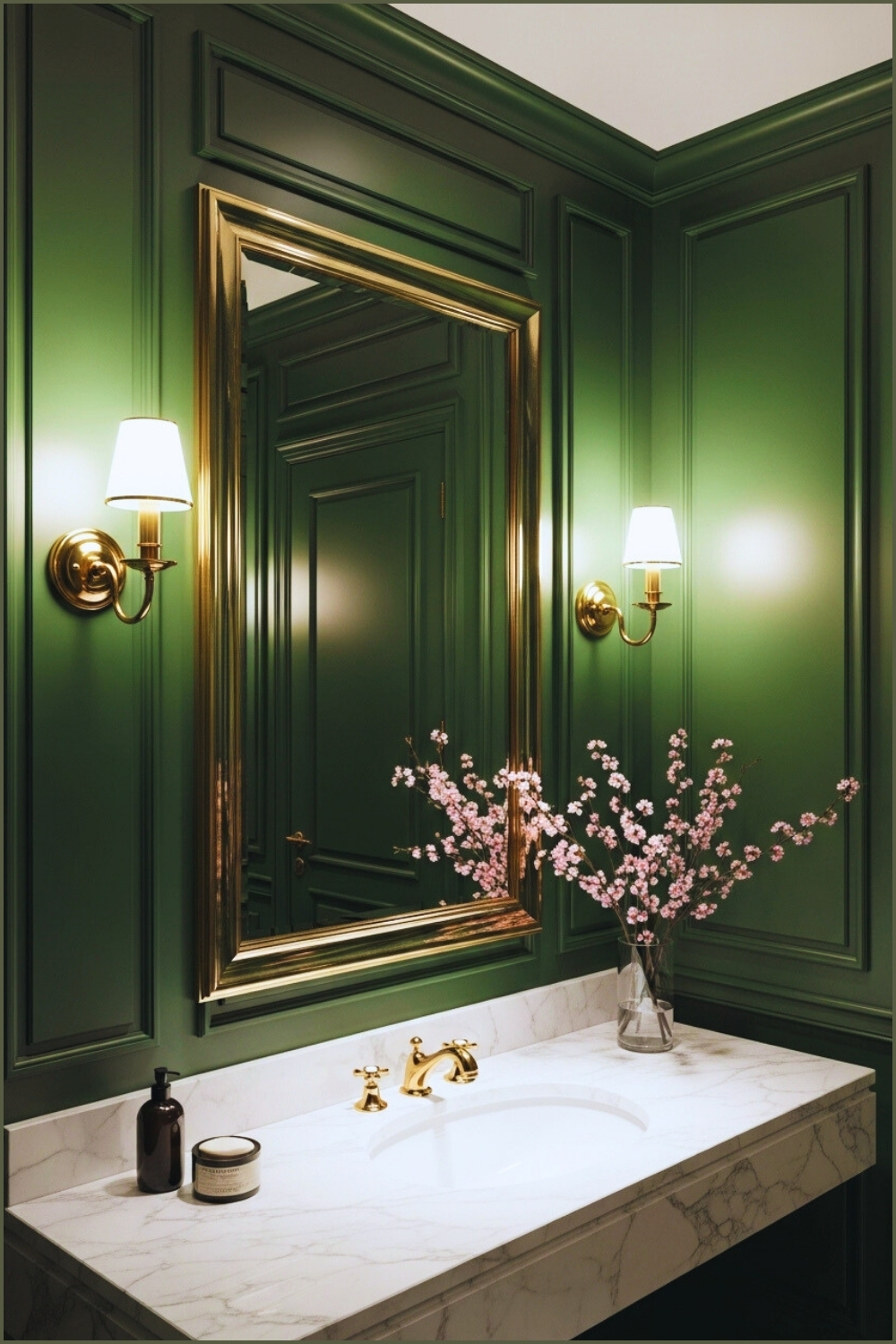 Classic Luxury Bathroom With Deep Emerald Green Panelled Walls