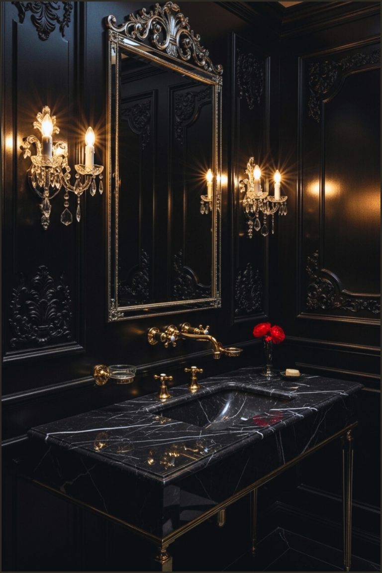Classic Luxury Black Bathroom, Ornate Paneling, Black Marble Vanity