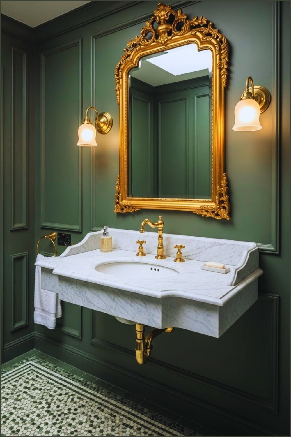 Classic Victorian-inspired Bathroom With Forest Green Paneled