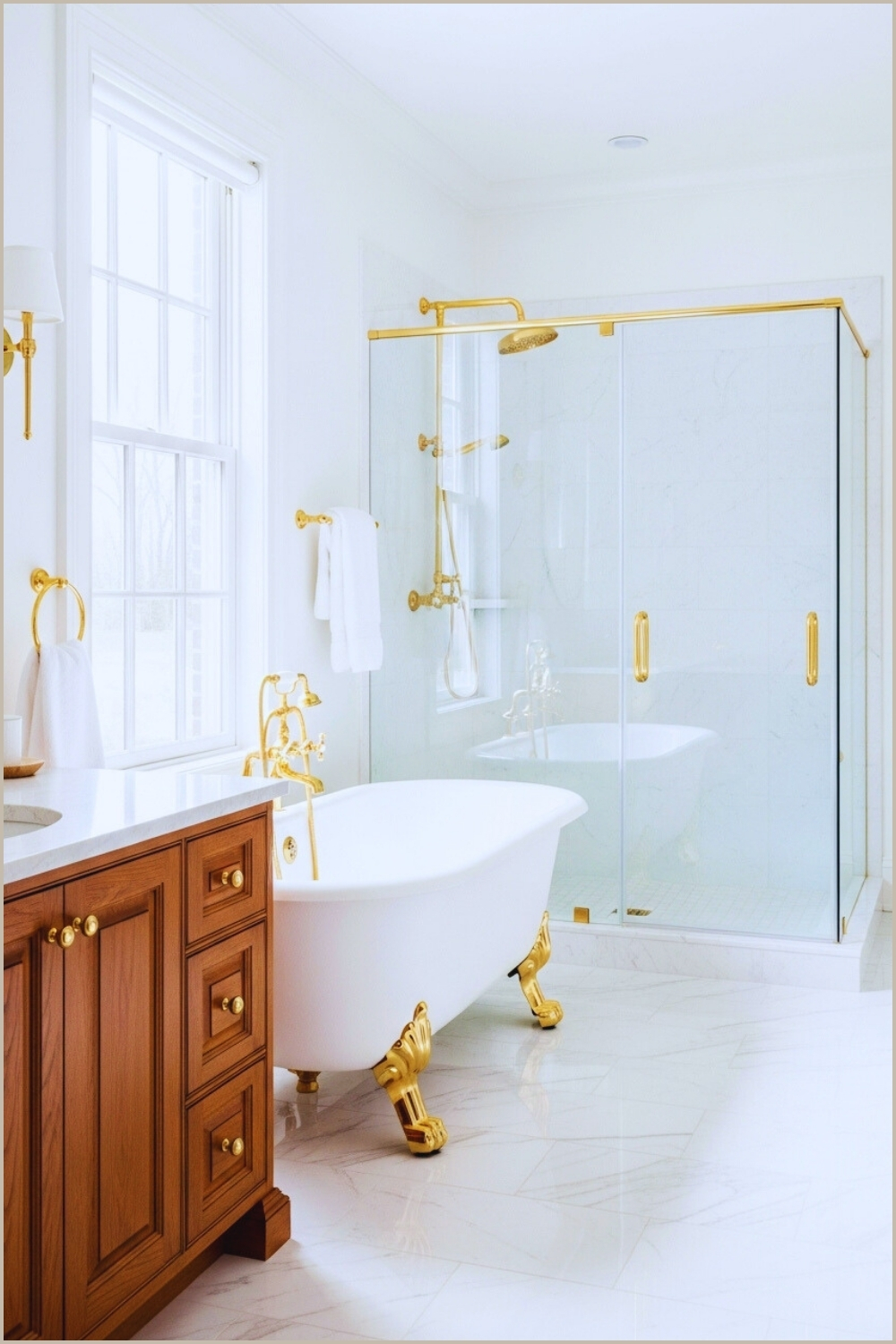 Classic White Bathroom With Warm Wood Cabinetry