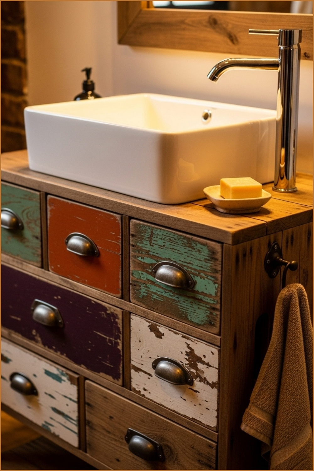 Close Up Of A Rustic Bathroom Vanity Made From Repurposed
