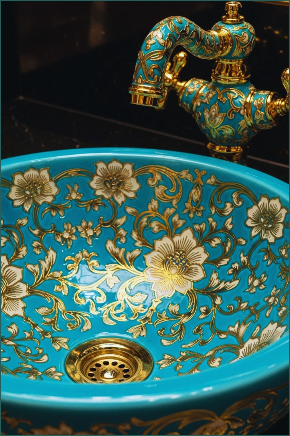 Close-up Macro Of Ornate Turquoise Vessel Sink With Gold Detailing