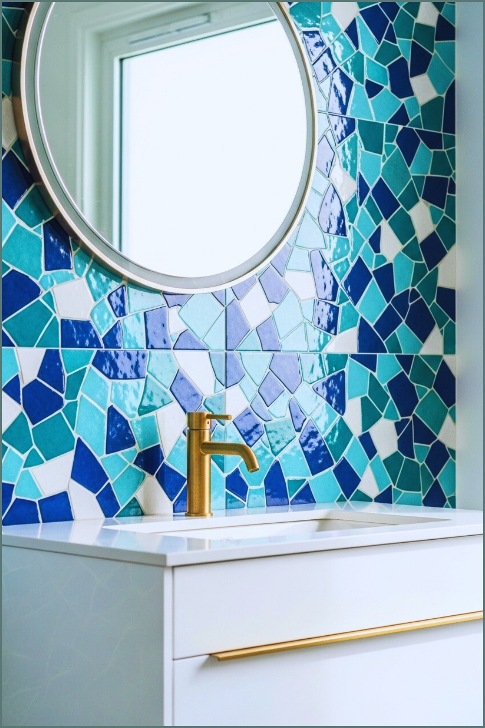 Close-up Of A Bathroom Wall With Irregular Mosaic Tiles In Mixed