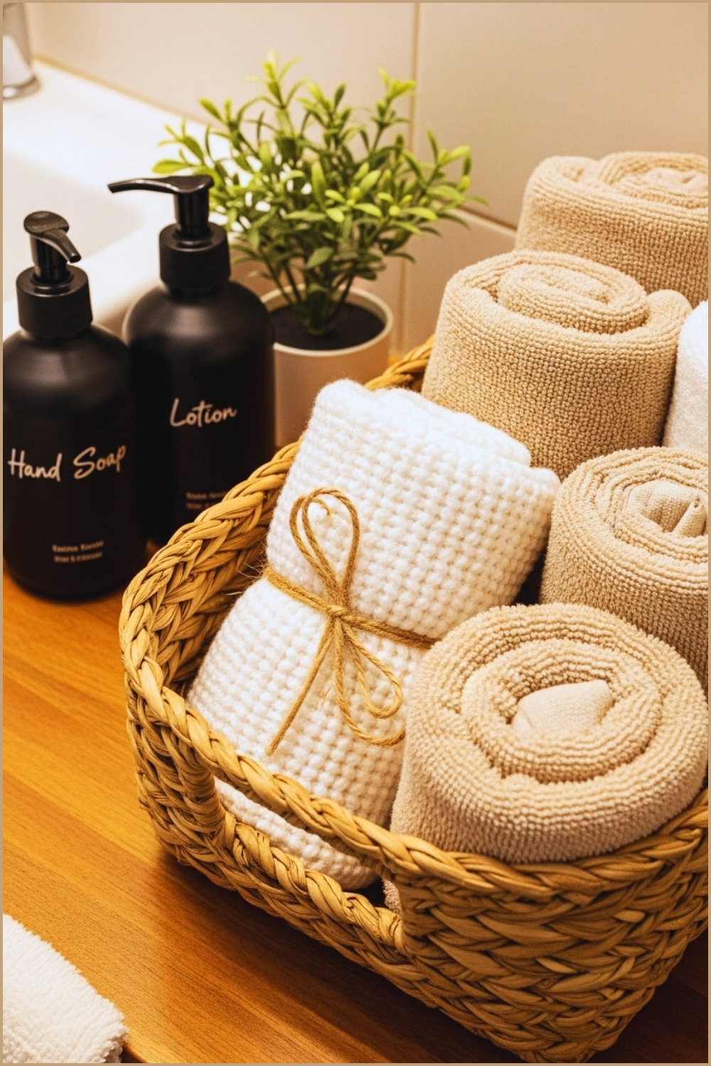 Close-up Of A Rustic Woven Basket On A Wooden Bathroom Counter