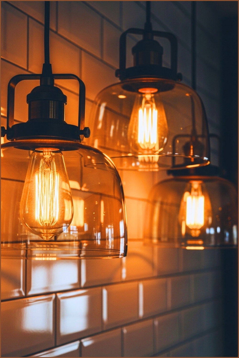 Close-up Of Industrial Pendant Lights With Amber Glass Shades